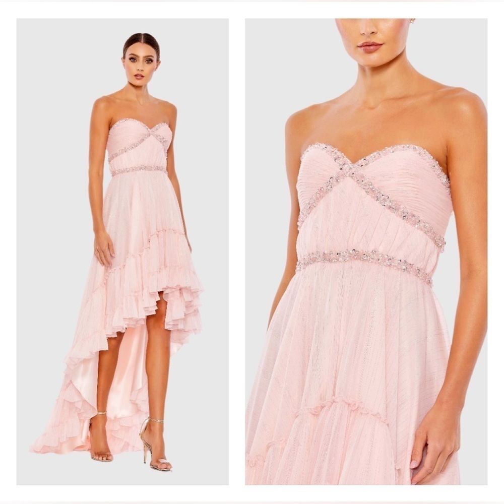 Mac Duggal 68096 Pink Beaded Ruffle High Low Gown